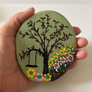 Hand-Painted Decorative Stone with Tree and Flowers